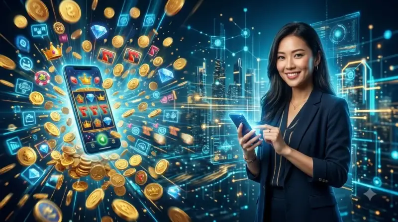 Bàn tay cầm điện thoại với game nổ hũ, mũi tên vàng chỉ đến nút tải, thể hiện sự sẵn sàng bắt đầu