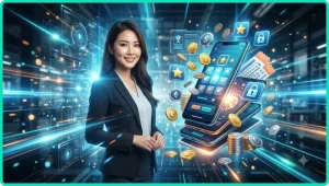 Biểu tượng bảo mật, thanh toán nhanh và hỗ trợ khách hàng xung quanh điện thoại chơi xổ số online