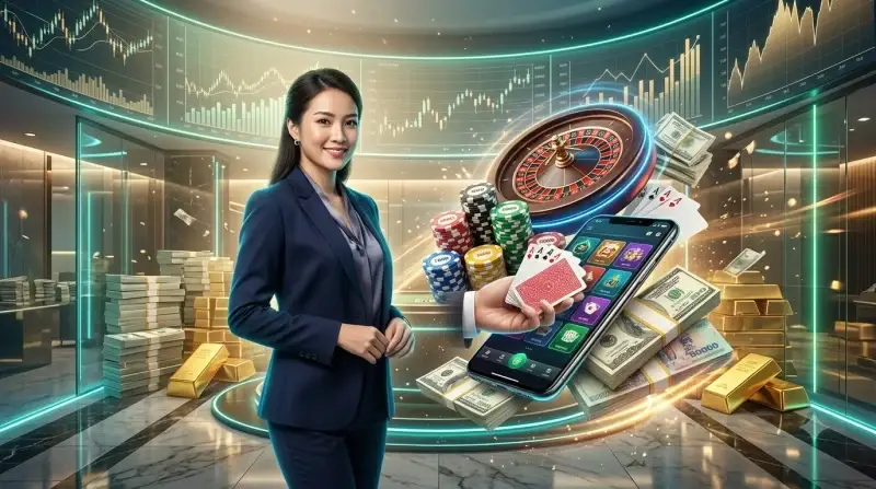 Các vật phẩm casino gồm chip, xúc xắc, bài và biểu tượng an toàn