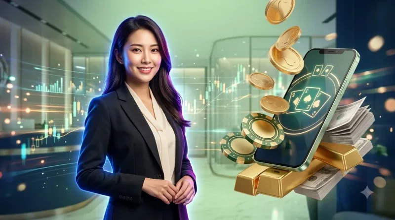 Cận cảnh bài và chip trên bàn baccarat với màu sắc sang trọng
