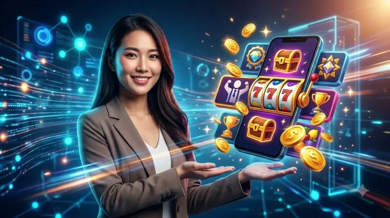 Điện thoại hiển thị game nổ hũ với tiền xu vàng và chip casino xung quanh, thể hiện sự tiện lợi khi chơi mọi lúc mọi nơi