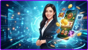 Điện thoại hiển thị game nổ hũ với tiền xu vàng và chip casino xung quanh, thể hiện sự tiện lợi khi chơi mọi lúc mọi nơi