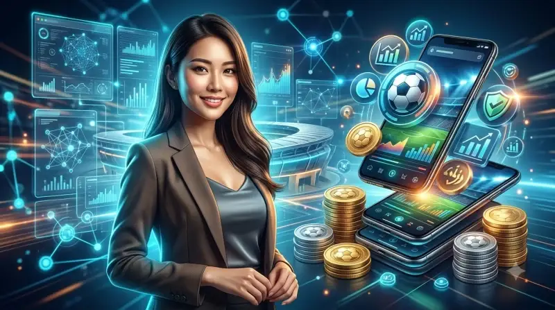 Điện thoại hiển thị ứng dụng nhận định bóng đá với biểu tượng chiến thắng và bảo mật