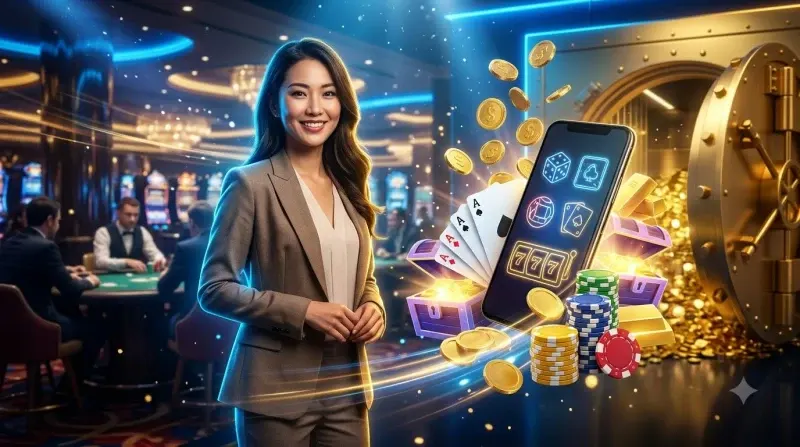 Điện thoại thông minh hiển thị các game bài đổi thưởng trên bàn casino