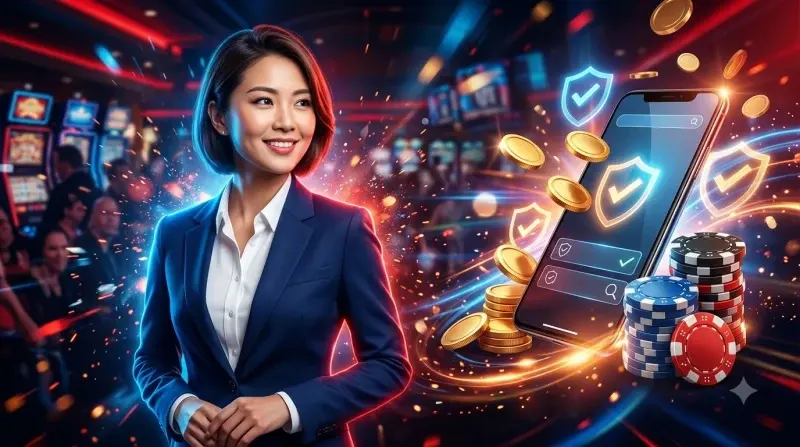 Kính lúp kiểm tra tài liệu, điện thoại với biểu tượng khiên bảo vệ và biểu tượng hỗ trợ khách hàng, thể hiện cách kiểm tra uy tín casino