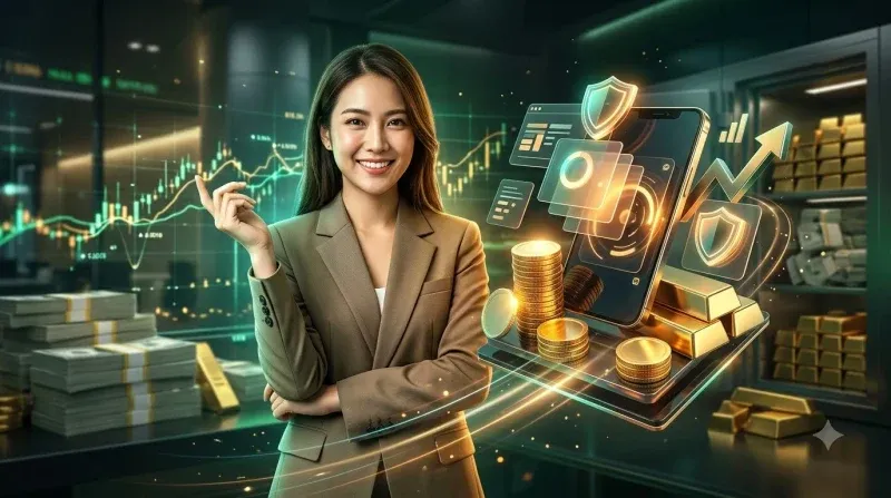 Kính lúp soi xét tài liệu với các biểu tượng giấy phép, bảo mật, hỗ trợ, thanh toán và tỷ lệ trả thưởng, minh họa các tiêu chí đánh giá nhà cái uy tín