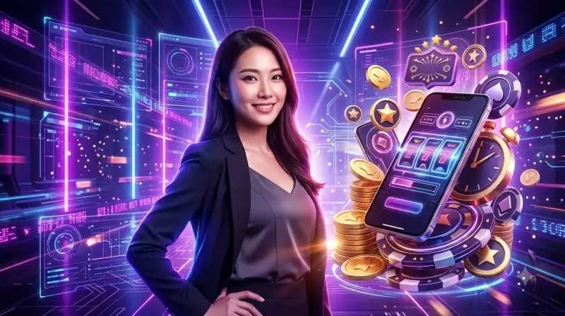 Lựa chọn khung giờ phù hợp - người chơi dùng điện thoại với slot machine và đồng hồ